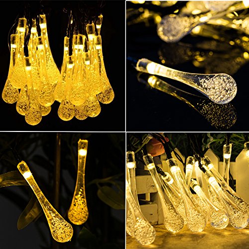 GRDE® 20 LEDs Waterproof Crystal Water Drop String Light , Solar Powered Decoration Light for Indoor Outdoor Gardens Patio Homes Christmas Party , 15.75 Feet , Yellow