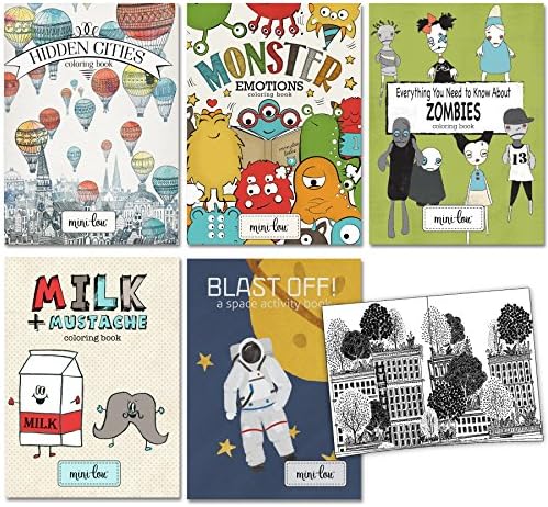 Monster Emotion, Hidden City, Milk Mustache, Zombie, and Blast Off Coloring Books