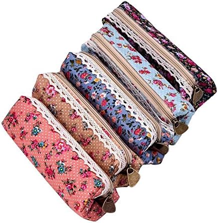 Pilink Flower Pattern Zipper Canvas Pen Pencil Case Stationery Pouch Bag Case Cosmetic Bags, Set of 5