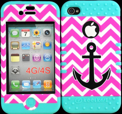 Bumper Case for Iphone 4 4s Anchor on Pink Chevron Design Hard Plastic Snap on Baby Teal Silicone Gel