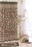 BLACK AND GOLD FLORAL FABRIC SHOWER CURTAIN, FABRIC COVERED RINGS, AREA RUG & CONTOUR RUG SET