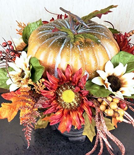 Handmade Fall Pumpkin Pedestal Centerpiece - Thanksgiving Pumpkin Sunflower Centerpiece - Autumn Table Accent - Pumpkin Sunflower Leaf Berry Pedestal