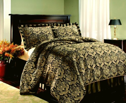12 PC. BLACK / GOLD REGAL JACQUARD COMFORTER SET W/ MATCHING SHEET SET AND DECORATIVE PILLOWS