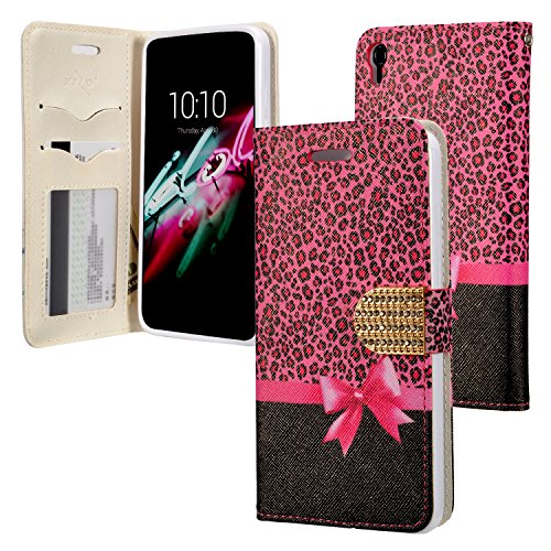 Designed Jeweled Wallet Flip Cover Phone Case for Alcatel One Touch IDOL 3 5.5 + FREE PRIMO DESIGN CARTOON FOLDABLE TOTE BAG (Animal Print Pink w/Bow)