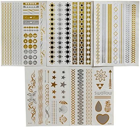 Flash Tattoos Metallic Gold, Silver, Black Temporary Tats Sticker Bling (5-Sheets) YS-20.21 HL-6.8.9
