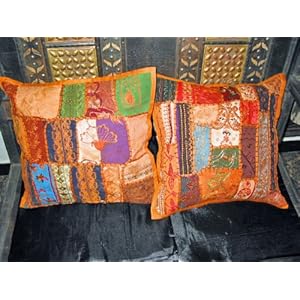 2 Pillow Cover Christmas Gift Stunning Orange Patch Work Cushion Covers