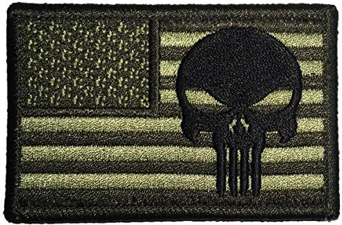 American USA Flag with Punihser Skull US Sew on Iron on Embroidered Applique Patch - OD Olive Drab (IRON-APUN-OD)