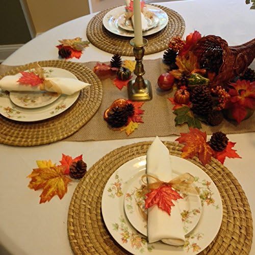 Thanksgiving tablecloth, napkins and decorative setting. 90 Inch round ivory linens.
