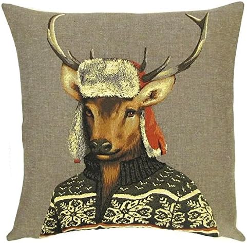 Belgian Tapestry Throw Pillow Cushion Cover dressed mountaineer stag