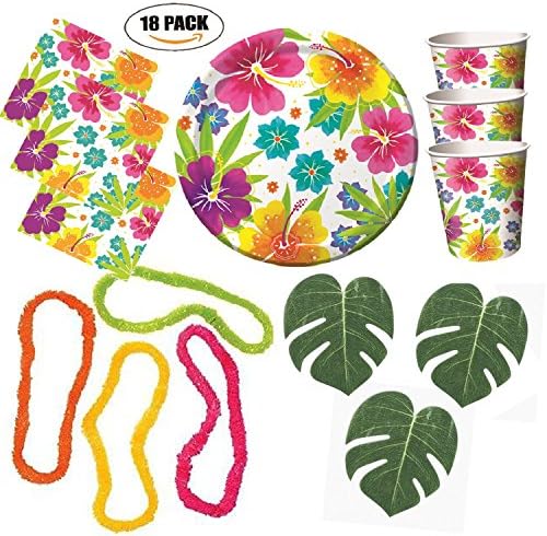 Tropical Luau Hawaiian Party Pack - Tableware for 18 Guests and Decoration - Plates, Napkins, Cups, Lei Necklaces, Artificial Leaves