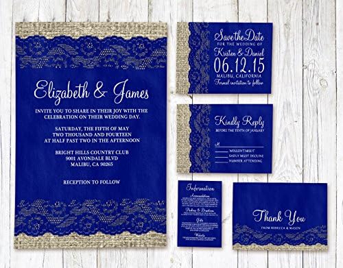 Navy Blue Rustic Lace Wedding Invitations Suite (Invite, RSVP, Save the Date, Info &amp; Thank You Cards)