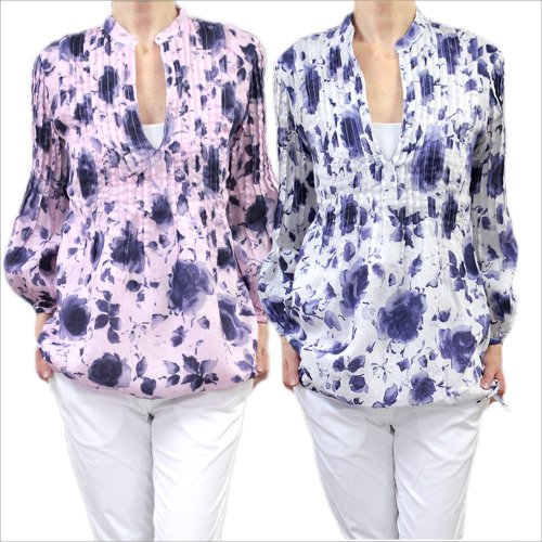 120%lino 120%リノ ブラウス チュニック フラワープリント 花柄 スタンドカラー Ｖネック ピンタック リネン 麻 長そでサイズ豊富 (120lino-060203)