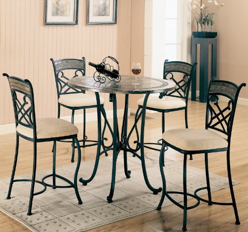 5PC Counter Height Table with Travertine and Marble Style Top Set