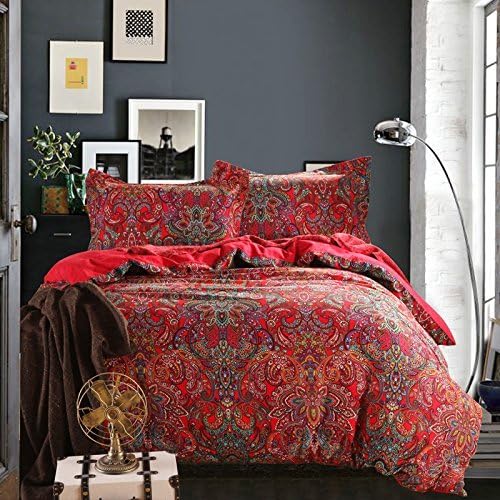 Zacard Moroccan Bedding Bohemian Bedding Sets Boho Duvet Cover Set Full Queen 100% Brushed Cotton Duvet Cover Set (Red, Queen)