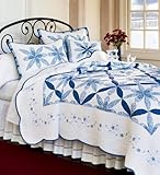 King White and Cornflower Blue Patchwork Quilt with Scalloped Edges