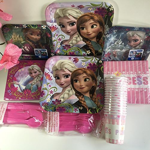 Birthday party supplies for girls : Disney Frozen Dinner / Lunch Plates, Dessert Plates and Napkins with Elsa and Anna images. Set go with Princess Cups / Napkins and Plastic Cutlery for 16 Guests