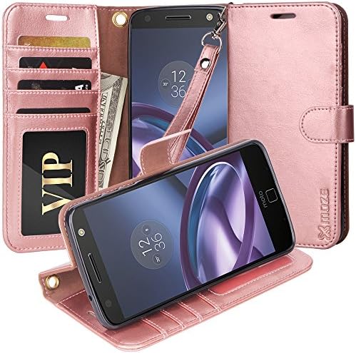 Moto Z Droid Case, Moze Moto Z Droid Wallet Case [4 Card Slots ] [Wrist Strap] [Stand Feature] PU Leather Flip Wallet Case Cover for Moto Z Droid - Rose Gold