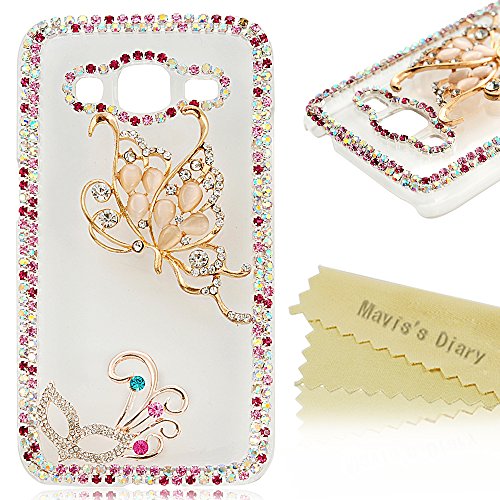 G360 Case,Samsung Galaxy Core Prime Case - Mavis's Diary 3D Handmade Bling Crystal Golden Butterfly Special Mask with Champagne Opal and Coloeful Shiny Diamond Around Clear Cover Hard PC Case for Samsung Galaxy Core Prime SM-G360F G3606 G3608 G3609 with Soft Clean Cloth