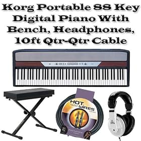 Korg SP250 Portable 88 Key Digital Piano With Keyboard Stand Bundle & Bench; Headphones; 10ft Qtr-Qtr Instrument Cable
