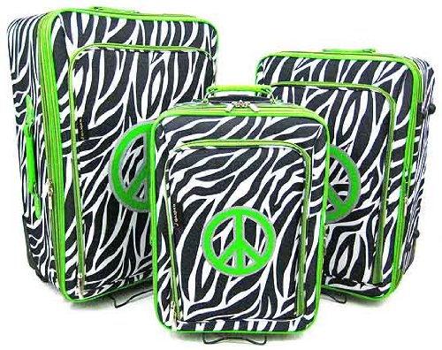 3 Piece Zebra Print Peace Sign Luggage Set Green Trim