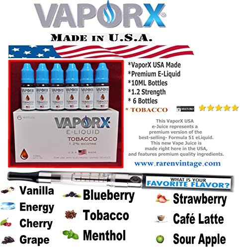 VaporX "TOBACCO" {6 Bottles 60ML 10ML Ea. 1.2%} USA Made Premium Juice Liquid