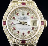 Rolex Ladies Gold Mother of Pearl with Ruby Markers String Diamond Dial Lugs Full Diamond President Band