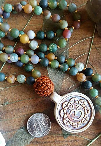 Ohm Clay Amulet 108 Bead Mala; Chakra Balance Indian Agate &amp; Rudraksha Guru Bead; Meditation, Prayer Beads, Matte Colorful Indian Agate