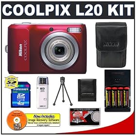 Nikon Coolpix L20 10 Megapixel Digital Camera (Deep Red) with 3.6x Optical Zoom + AA Batteries + 4GB Card + Case + Accessory Kit
