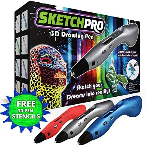 (3 Pack) SketchPro 3D Printing Pen Kit - LED Screen, Starter Filament, and FREE E-Book with 3-Dimensional Art Stencils - LATEST Edition 3D Printer Pen