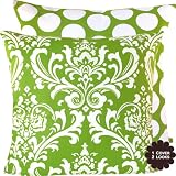 Key Lime Pie Collection - 20 Square Decorative Throw Pillow Cover - Damask and Dots - Chartreuse Green and White Hues - 1 Cover, 2 Looks