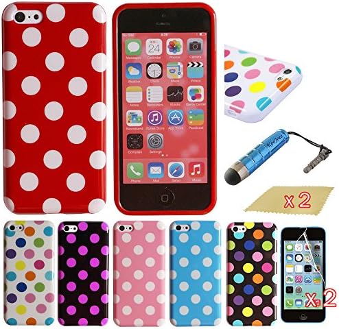 KooJoee(TM) Combo Protective Cases - Bundle of 6 Pieces Polka Dot Style iPhone 5C Soft Rubber TPU Gel Cases Covers For Apple iPhone 5C + One KooJoee Stylus + Two Screen Protectors + Two Microfiber Cloth, Red / Light Blue / Pink / White Colorful / Black Purple / Black Colorful Dots