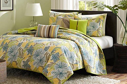 Tropical Palm Leaves Beach Themed Nautical Full / Queen Quilt, Shams &amp; Toss Pillows (6 Piece Bed In A Bag)