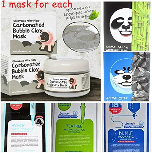 Set of 6 Moisturizing Mask Combo Sampler~ Elizavecca Milky Piggy Carbonated Bubble Clay Mediheal N.M.F Aquaring Ampoule W.H.P Hydrating Charcoal Teatree Healing SNP Otter Aqua Panda Mask