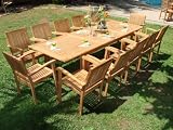 13 PC Teak Outdoor Patio - 117 Double Extension Rectangle Table, 12 Stacking Chairs - FREE SHIPPING