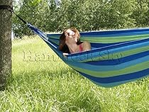 Brazilian Hammock by Hammock Sky(TM) - Double - Quality Cotton Fabric Weave for Superior Comfort & Durability - Couples & Family Friendly - Large Bed - Lifetime Guarantee (Blue & Green Stripes)