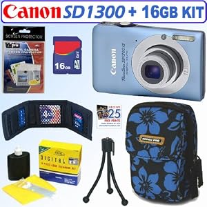 Canon PowerShot SD1300IS 12 MP Digital Camera (Blue) + 16GB Accessory Kit