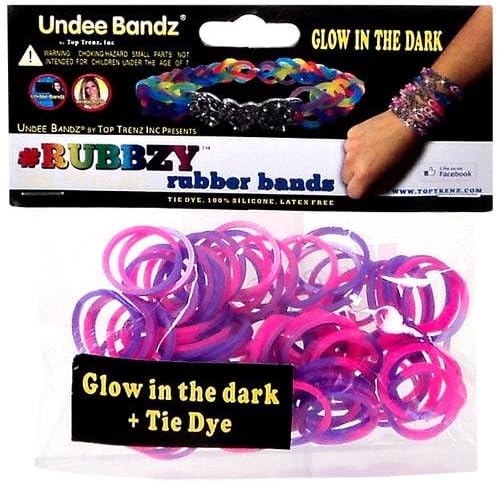 Undee Bandz Rubbzy 100 PINK &amp; PURPLE GLOW-in-the-DARK Tie-Dye Rubber Bands with Clips
