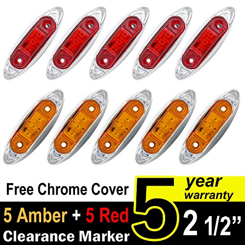 TMH Mini Side Led Marker ( QR Model ) 5 Pcs Amber Light + 5 pcs Red Light with Chrome Bezel , Universal LED Clearance Markers for Truck Trailer Boat ATV Marine Marker lights, side marker lights
