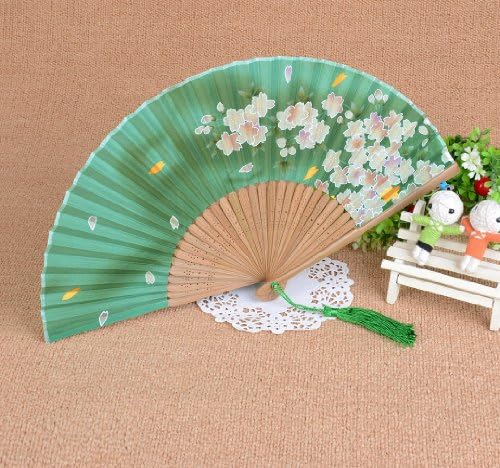 Japanese Design Silk Handheld Folding, Green with Fine Flowers HF102