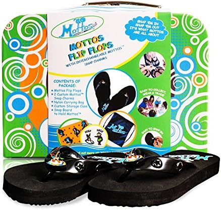 Flip Flops For Kids by Mottos Feature Custom Charms on the Sandal Straps - Includes Flip Flops For Boys or Girls - Arch Support, Collector Box, Charm Board for Storage - Includes 2 Custom Motto Shoe Charms Plus a Nylon Backpack