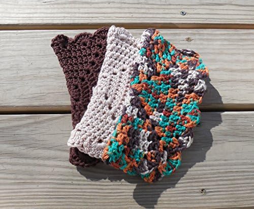 Crochet Dishcloth or Washcloth, Brown, Antique White and Copper Spice Ombre Variegated 100% Cotton Clothes, Eco-friendly, Set of 3