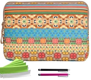 ColorYourLife Bundle of Canvas Fabric Bohemian Style 14-inch Laptop Sleeve Case Bag with 2 Stylus Pens and Microfiber Cleaning Cloths (Colorful Bohemian pattern, 14 inch)