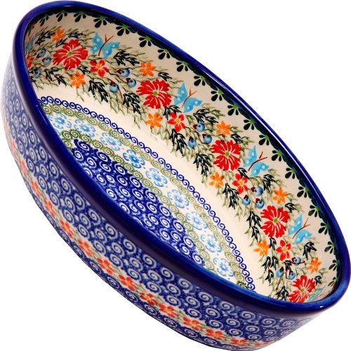 Polish Pottery Ceramika Boleslawiec, 1210/238, Oval Mirek Baker 2, 9 2/3 by 6 7/10 Inches - 5 Cups, Royal Blue Patterns with Red