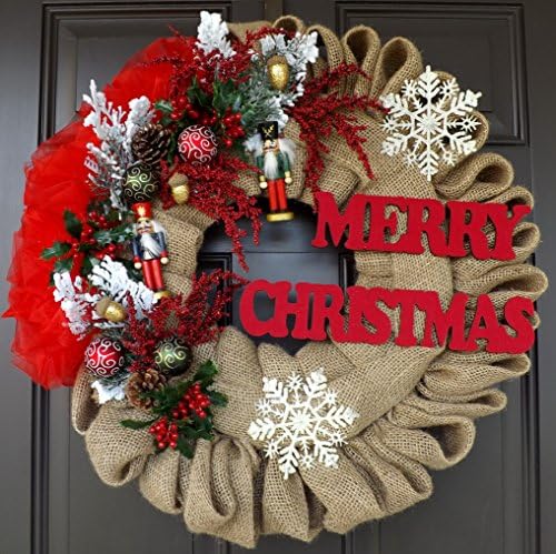 Nutcrackers Christmas Wreath with Beige Burlap Red Organza and Christmas Toys - Christmas Nutcracker