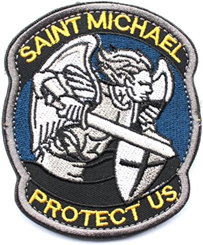 Saint St.Michael Protect Us Military Tactical Morale Patch with Velcro backing Deep blue grey Decorative Embroidered Badge appliques (Deep blue)