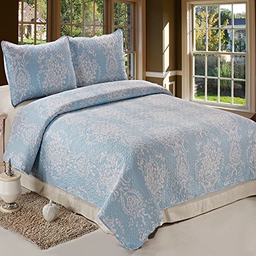 C.CTN 3pc Reversible Printed Quilt Set,Queen Size,Light Blue