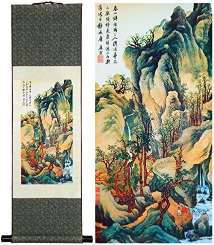 Uniquelover Chinese Mountain Trees Silk Scroll &amp; Picture Scroll &amp; Wall Scroll Calligraphy Hanging Artwork 12'' X 40''