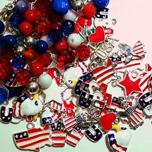 Roxy Jewels - BIG LOT 24 Assorted Patriotic July 4th Enamel Holiday Craft Charms, Plus Bonus Beads