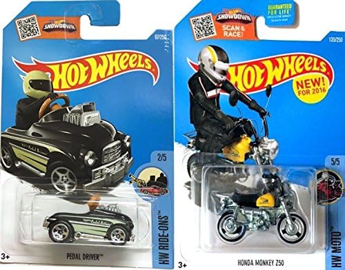 Hot Wheels Honda Monkey Z50 New model 2016 &amp; Pedal Driver Fun Series Set Mini Bike #135 Yellow Mini Cart Black #67 IN PROTECTIVE CASES