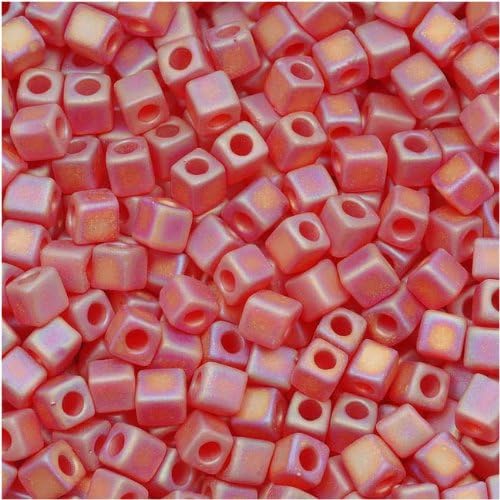Miyuki 4mm Glass Cube Beads Transparent Matte Ruby AB #141FR 10 Grams